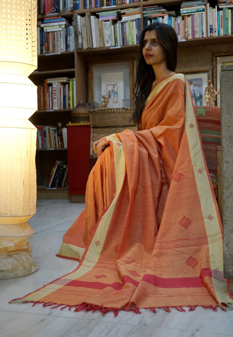 KOLUM - Orange & Pink Handwoven Cotton Saree-Jiyo - Sarees