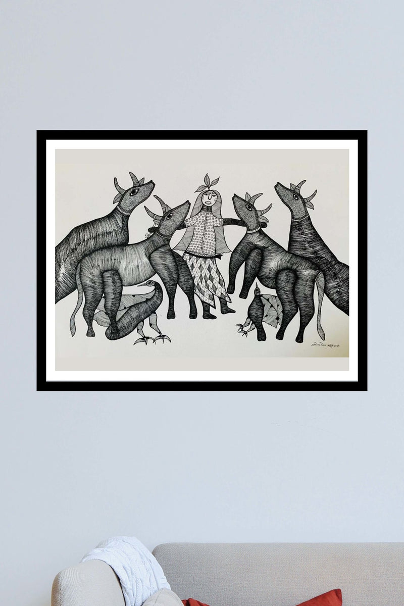 Krishna with Cows Gond art for sale