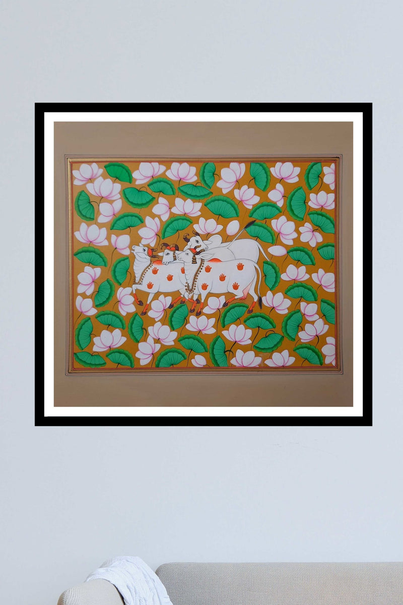 Krishna's cows and Lotuses Miniature painting