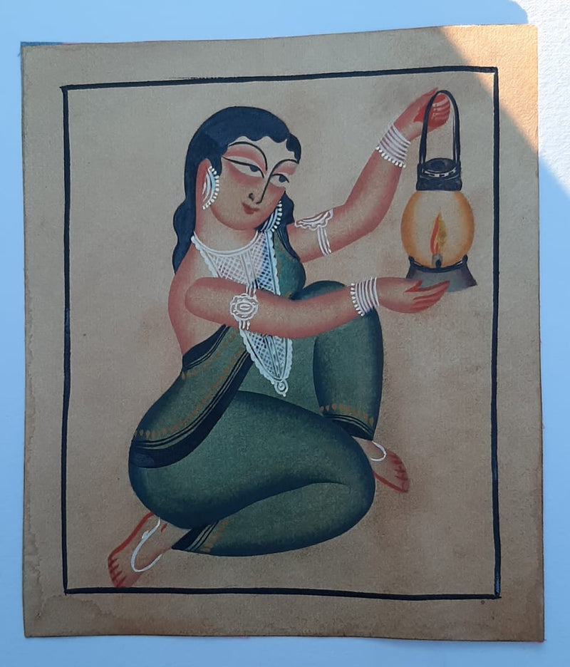 Buy Lady with a Lantern Handpainted Kalighat Painting