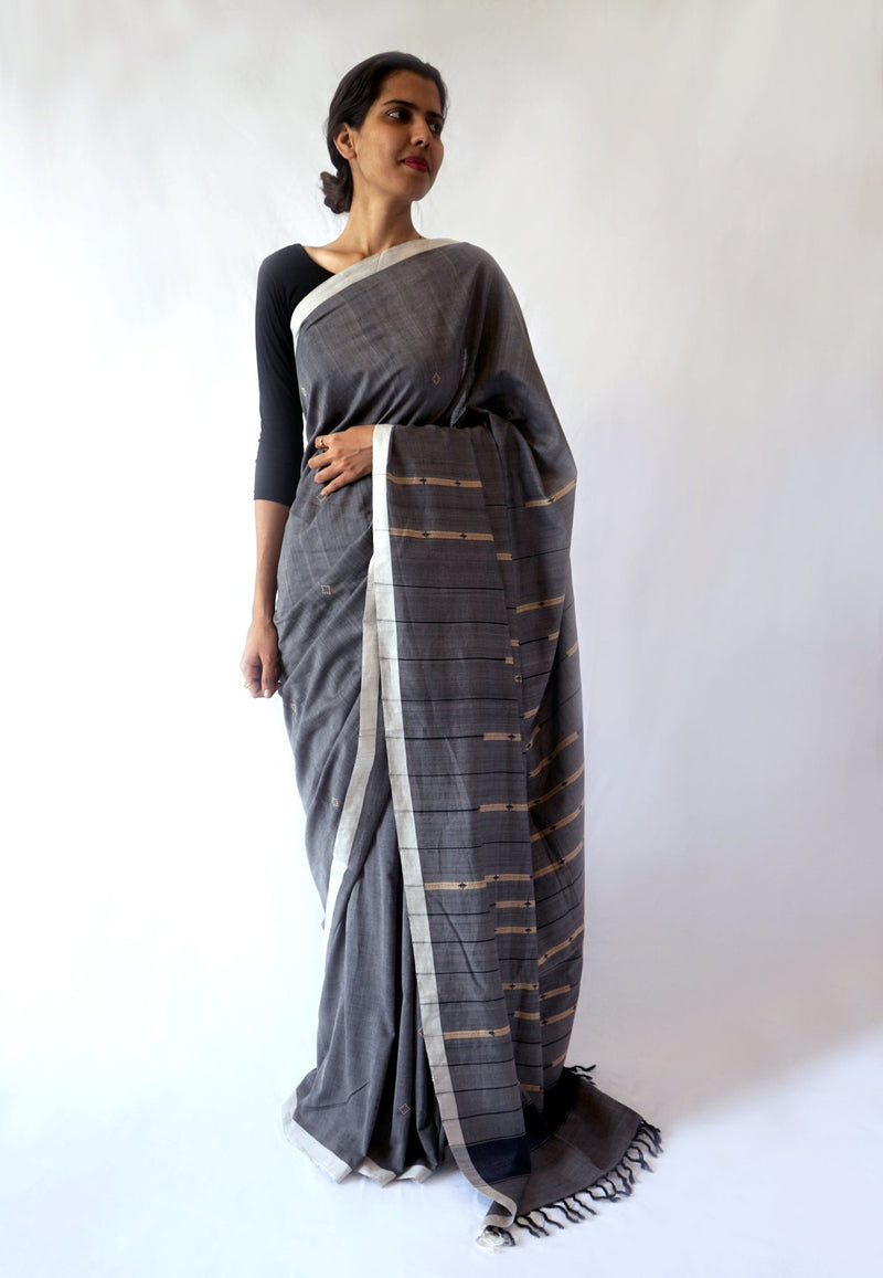 LINE BUTI - Black and beige Handwoven Cotton Saree-Jiyo - Sarees