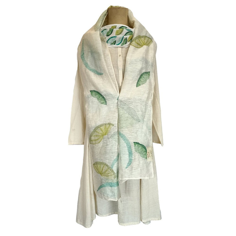 Lotus leaves, Sujani hand embroidered stole and mask combo-