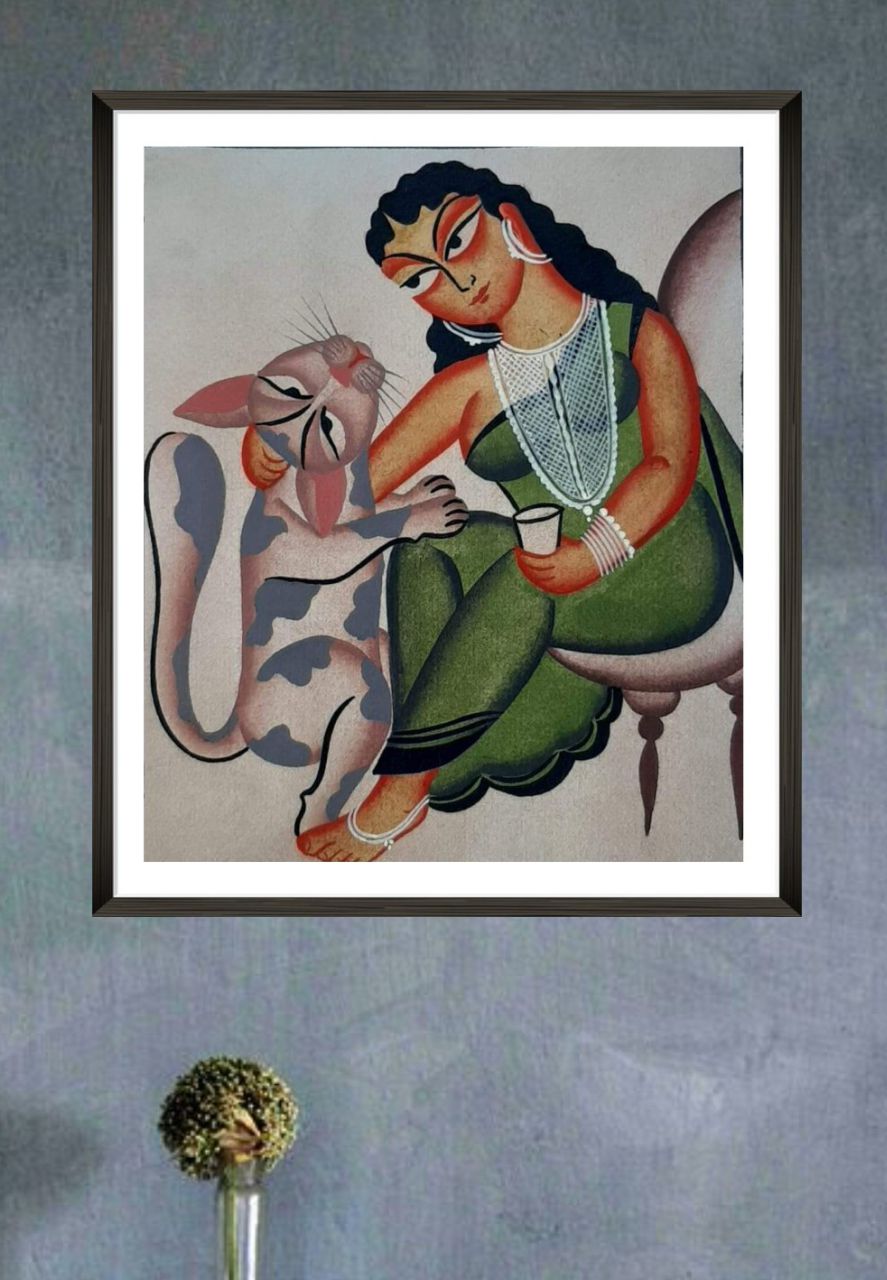 My Cat and I, Kalighat Art by Bapi Chitrakar-Paintings by Master Artists