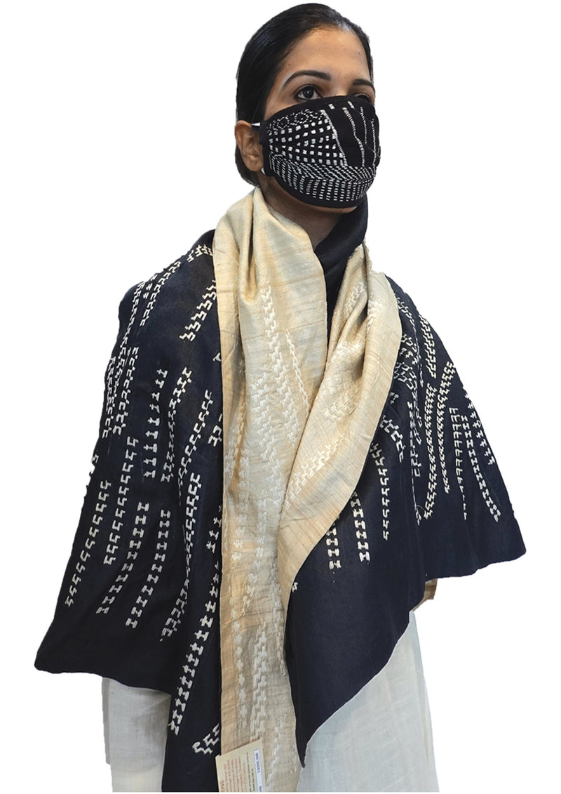 Nor black nor white, Sujani hand embroidered stole and mask combo-