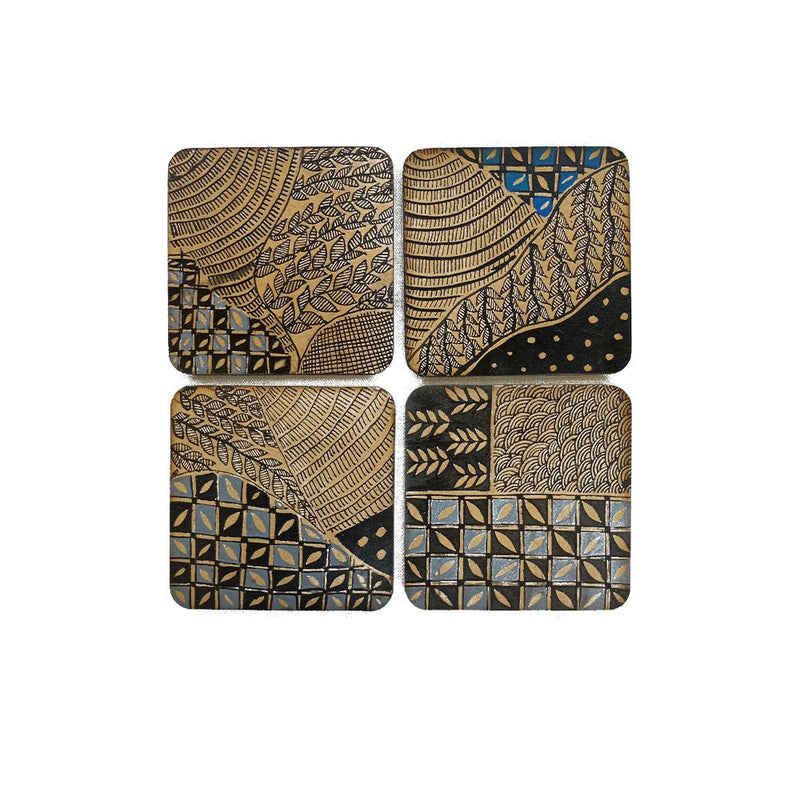 Patterns in black and blue, Madhubani handpainted coasters-