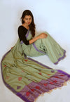 PEEPAL LEAF- green and purple Handwoven Cotton Saree-Jiyo - Sarees