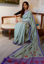 PEEPAL LEAF- green and purple Handwoven Cotton Saree-Jiyo - Sarees