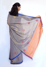 PEEPAL LEAF- Grey and orange Handwoven Cotton Saree-Jiyo - Sarees