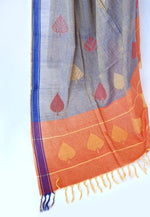 PEEPAL LEAF- Grey and orange Handwoven Cotton Saree-Jiyo - Sarees