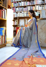 PEEPAL LEAF- Grey and orange Handwoven Cotton Saree-Jiyo - Sarees