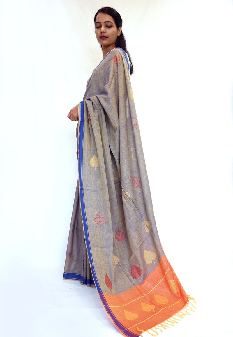 PEEPAL LEAF- Grey and orange Handwoven Cotton Saree-Jiyo - Sarees