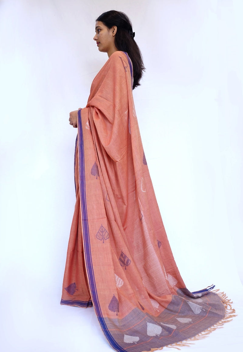 PEEPAL LEAF- orange and blue Handwoven Cotton Saree-Jiyo - Sarees