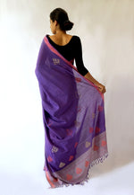 PEEPAL LEAF- Powder Blue and purple Handwoven Cotton Saree-Jiyo - Sarees