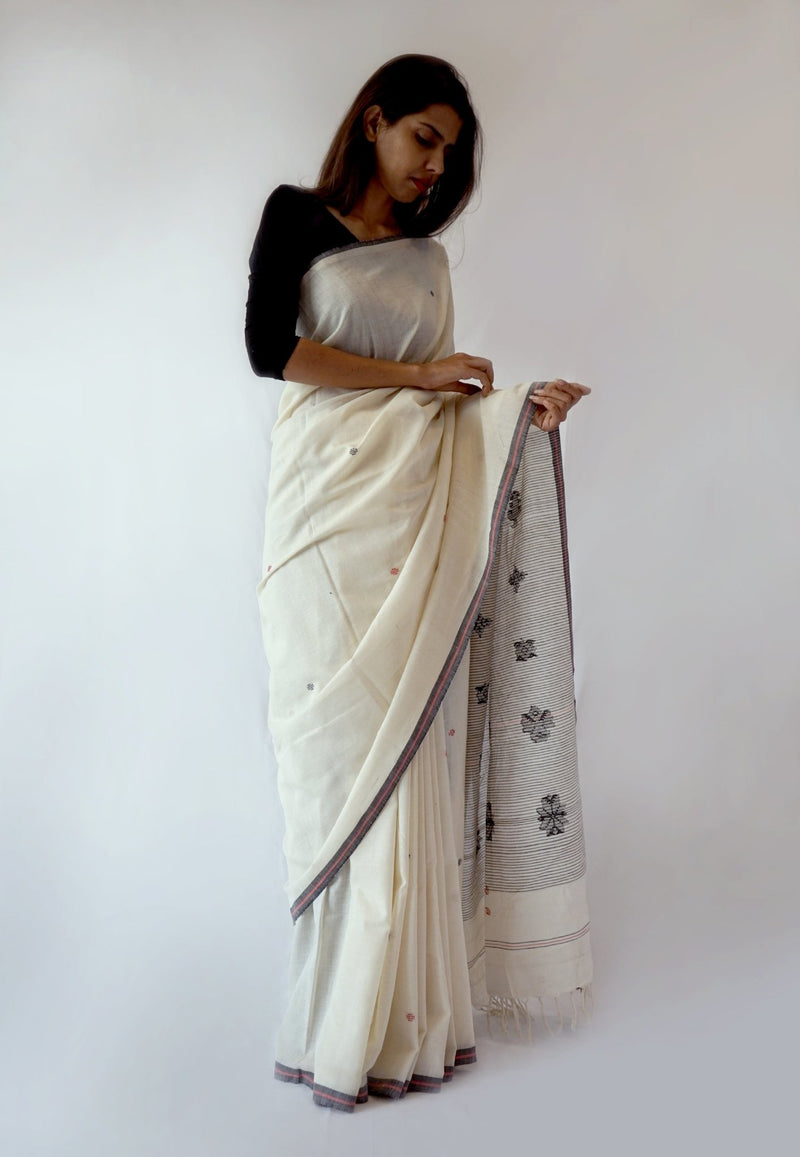 RED LINE - Black White Handwoven Cotton Saree-Jiyo - Sarees