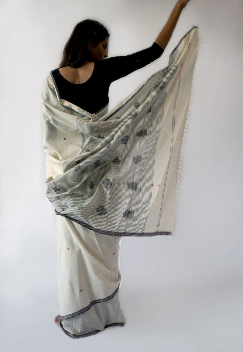 RED LINE - Black White Handwoven Cotton Saree-Jiyo - Sarees