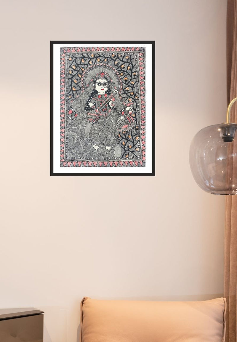 Handpainted Saraswati Madhubani painting For Sale