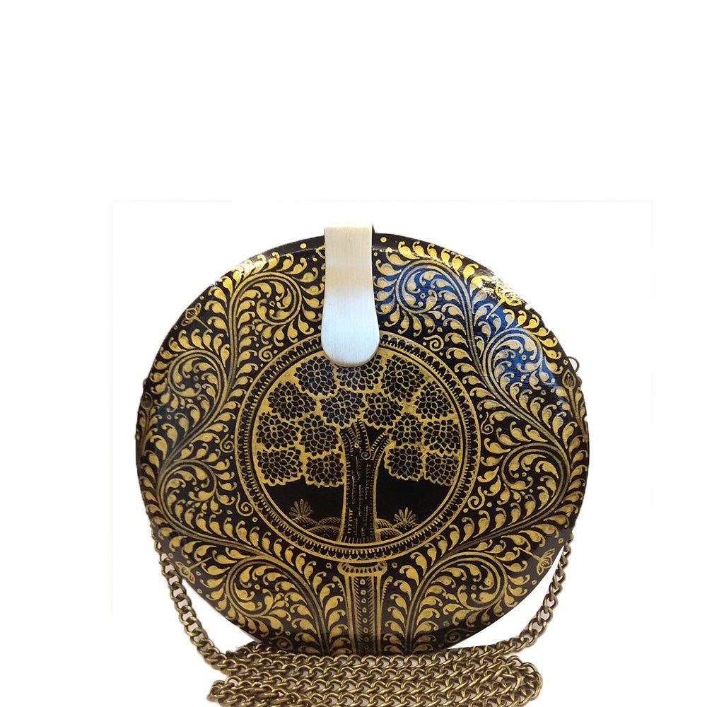 Seeds of Love, gold and black round wood clutch-Women's Wood Clutch