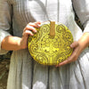 Seeds of Love, yellow and black round wood clutch-Women's Wood Clutch