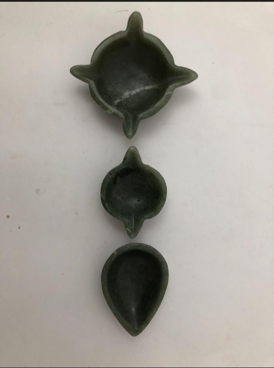 Set of three Green Aventurine Diyas Ekmukhi, DwiMukhi, Chaturmukhi Diya