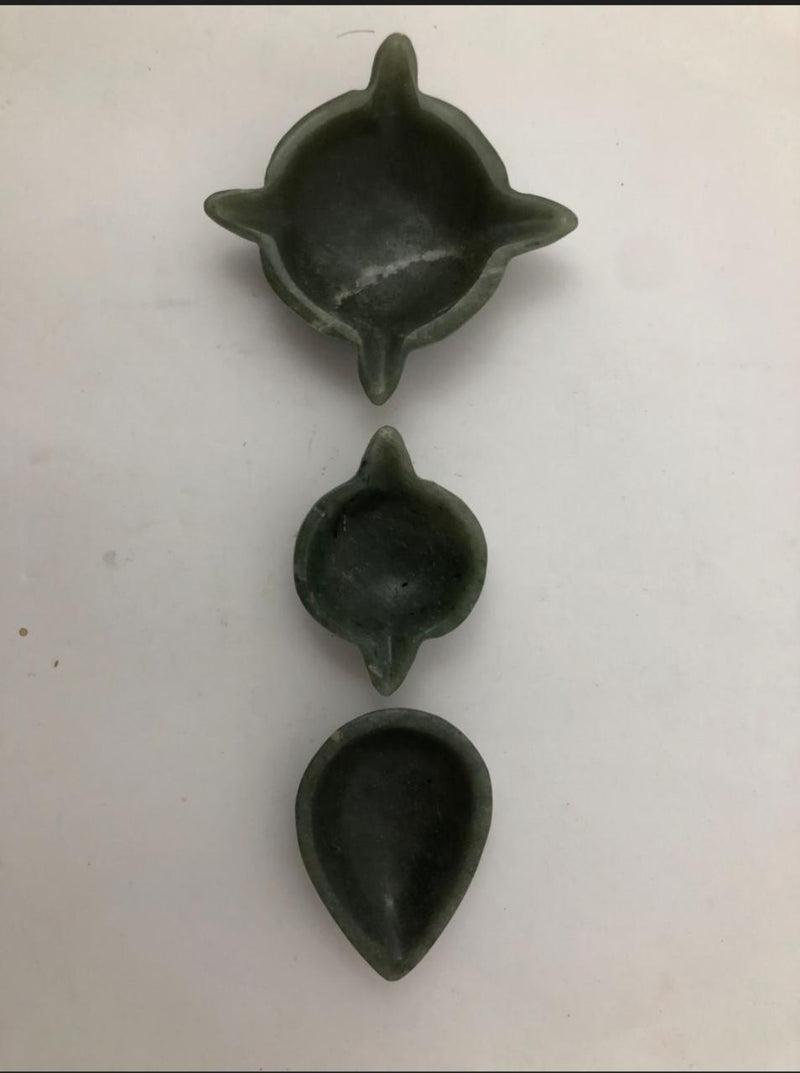 Set of three Green Aventurine Diyas Ekmukhi, DwiMukhi, Chaturmukhi Diya