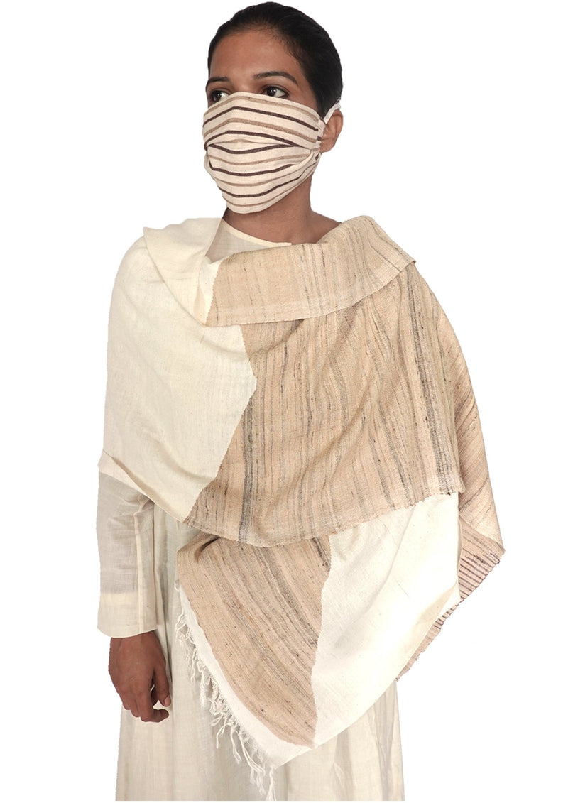 Stories in lines , Kotpad woven stole and mask combo (cream)-