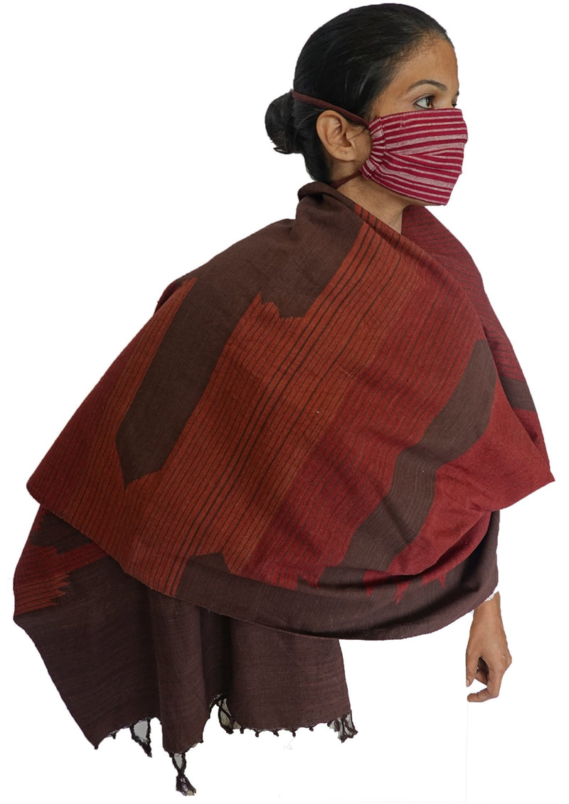 Stories in lines , Kotpad woven stole and mask combo (maroon and rust)-