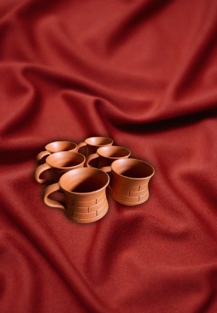 Tea Cups with Tray in Terracotta art by Dolon Kundu-