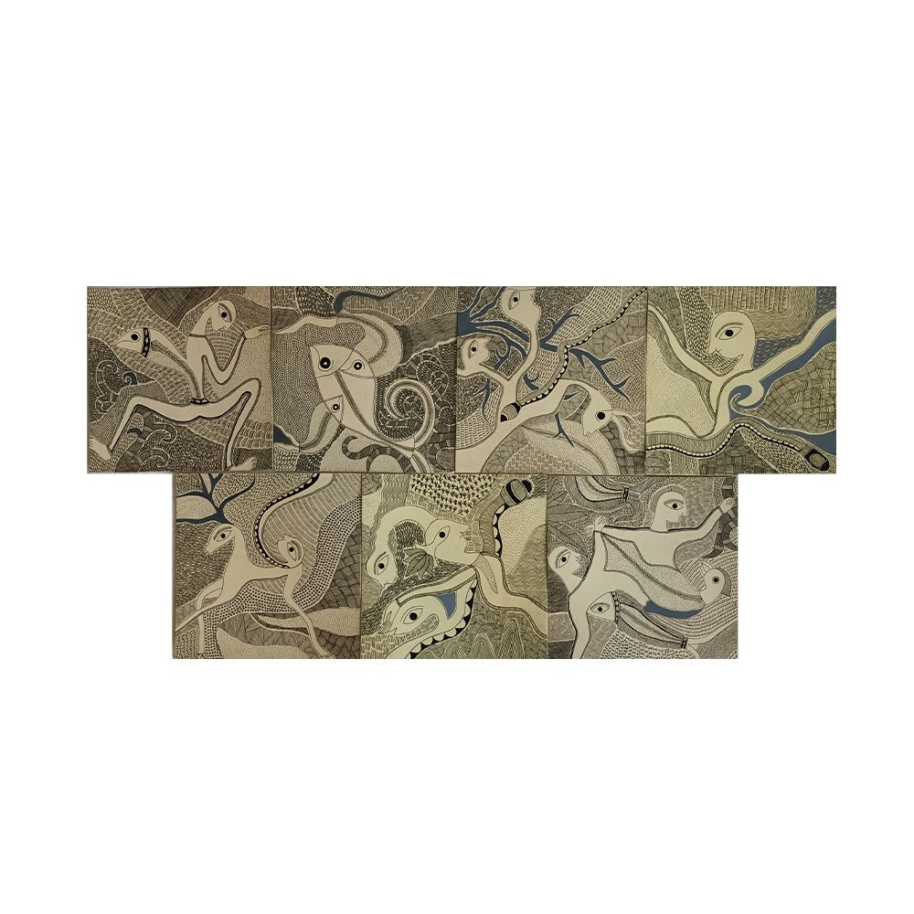 The Deer , Madhubani handpainted wall paper tiles-