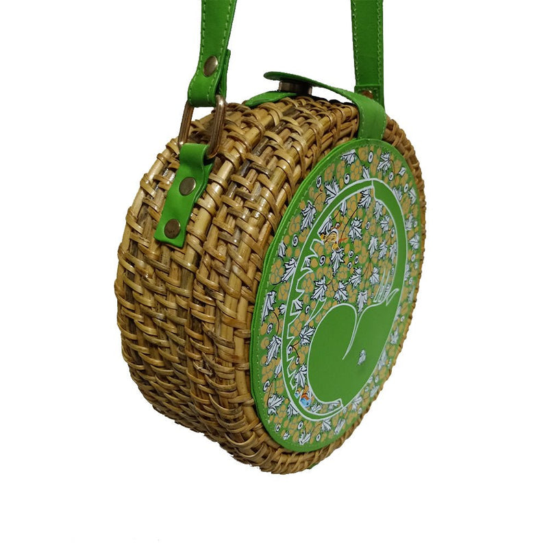 The Elephants Tale, Green Round Cane Sling-cane bag