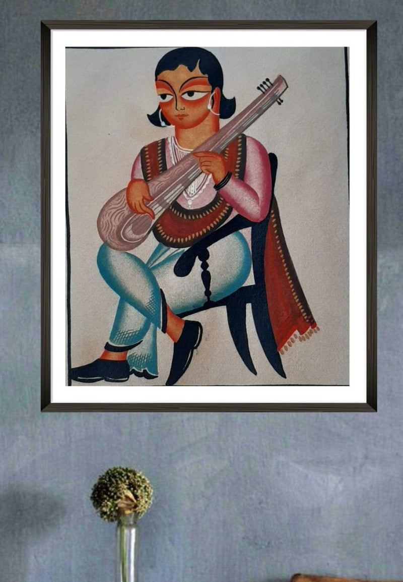 The Musician, Kalighat Art by Bapi Chitrakar-Paintings by Master Artists