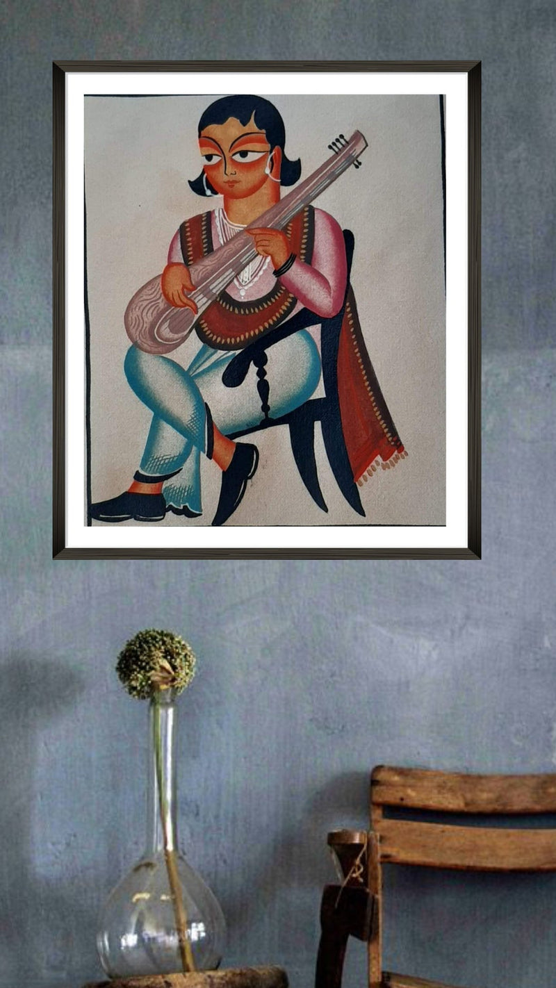 The Musician, Kalighat Art by Bapi Chitrakar-Paintings by Master Artists