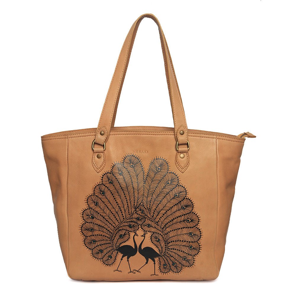 Peacocks Handbags | Tan Eco Leather Handbags |  Handpainted Bags