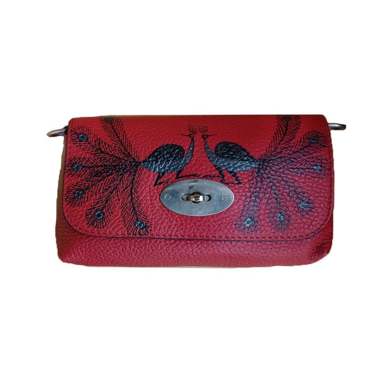 The Peacocks, Red Saddle Bag with Warli Art-