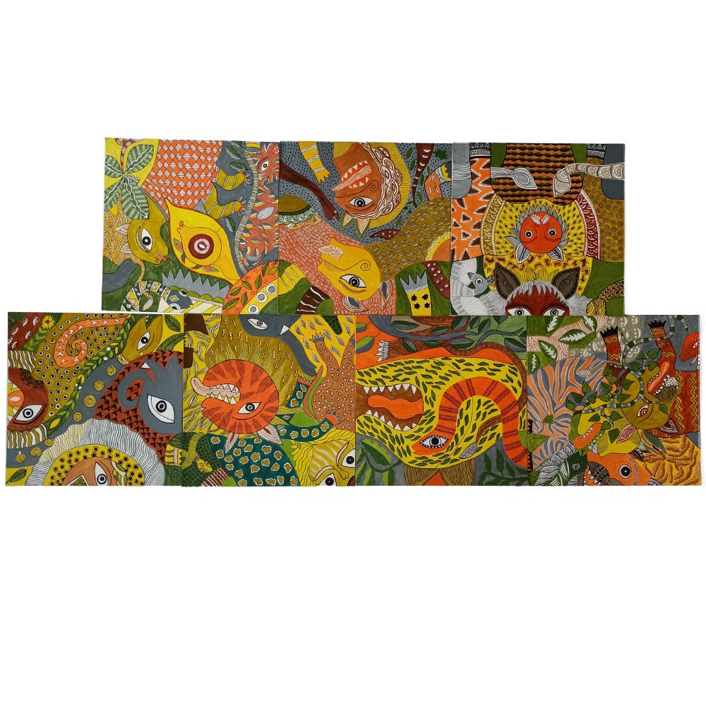 The Tiger and friends, Madhubani handpainted wall paper tiles-