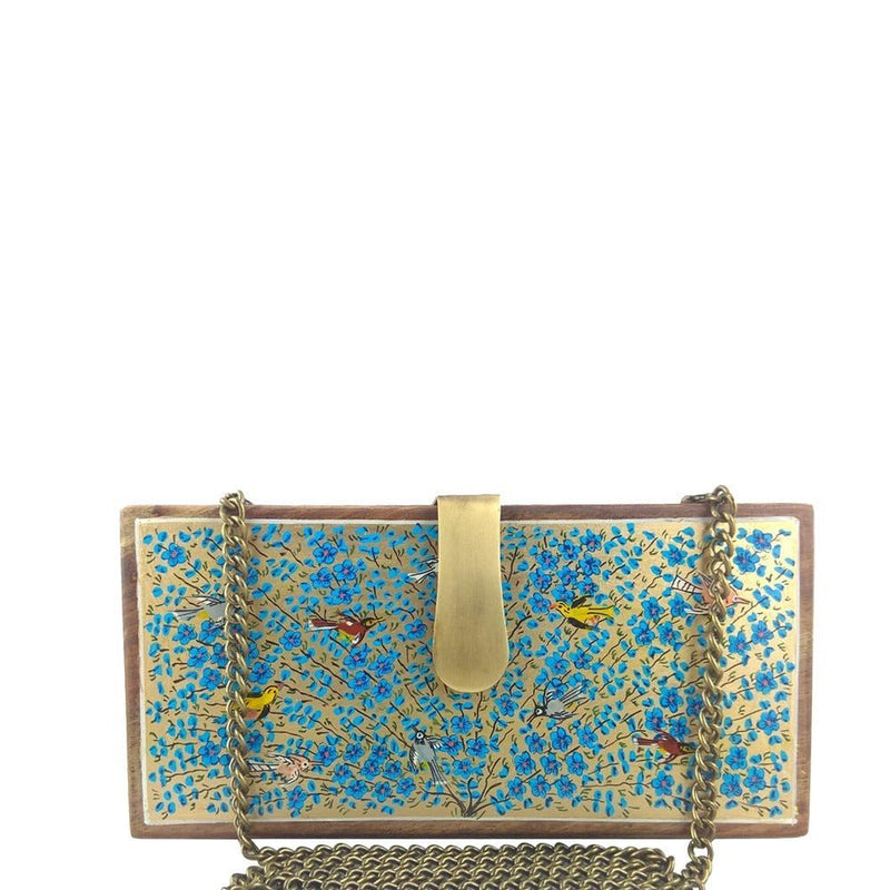 Tree of Life, blue and gold wood clutch-