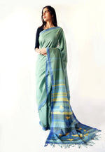 TRIANGLE SAREE -Blue, Black, Yellow Handwoven Cotton Saree-Jiyo - Sarees