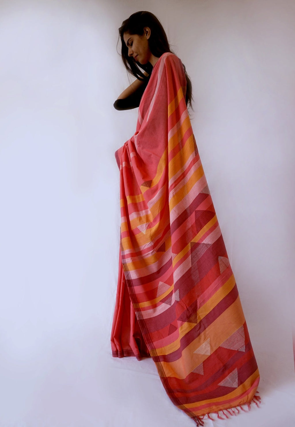 TRIANGLE SAREE -Pink, Orange, Maroon Handwoven Cotton Saree-Jiyo - Sarees