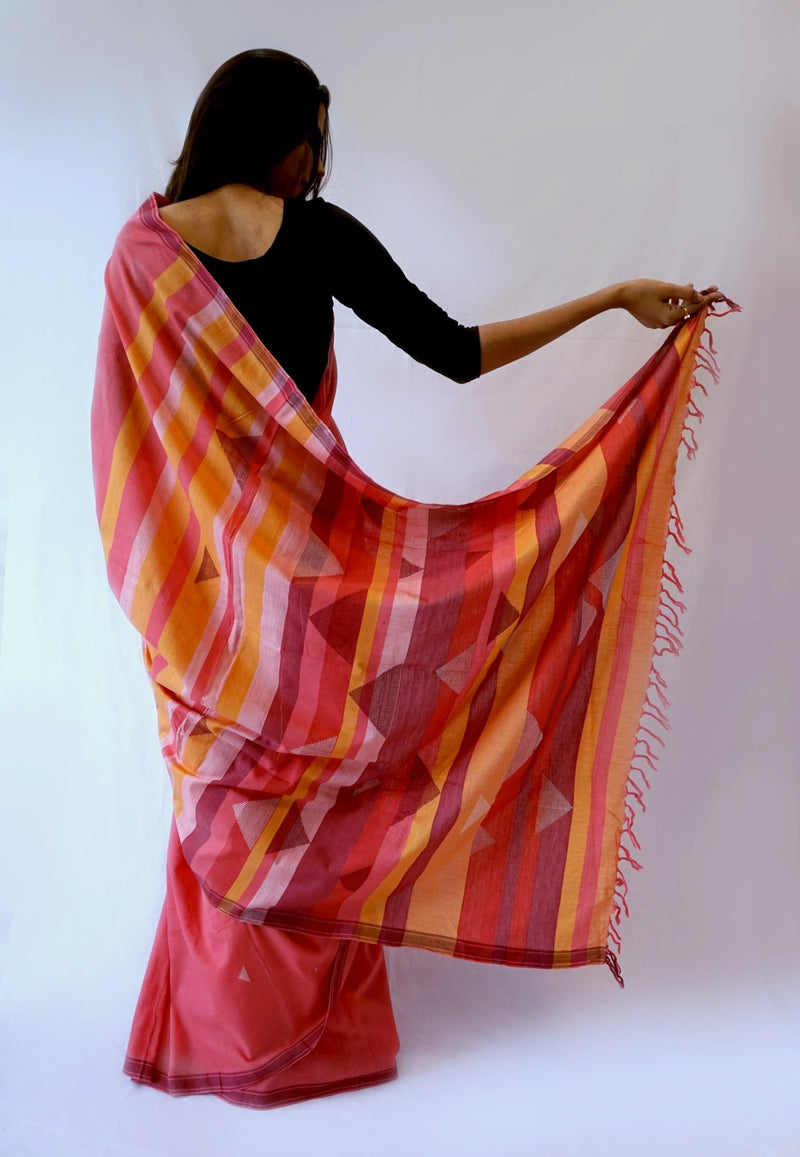 TRIANGLE SAREE -Pink, Orange, Maroon Handwoven Cotton Saree-Jiyo - Sarees