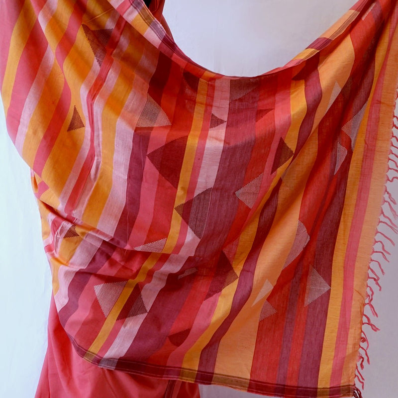 TRIANGLE SAREE -Pink, Orange, Maroon Handwoven Cotton Saree-Jiyo - Sarees