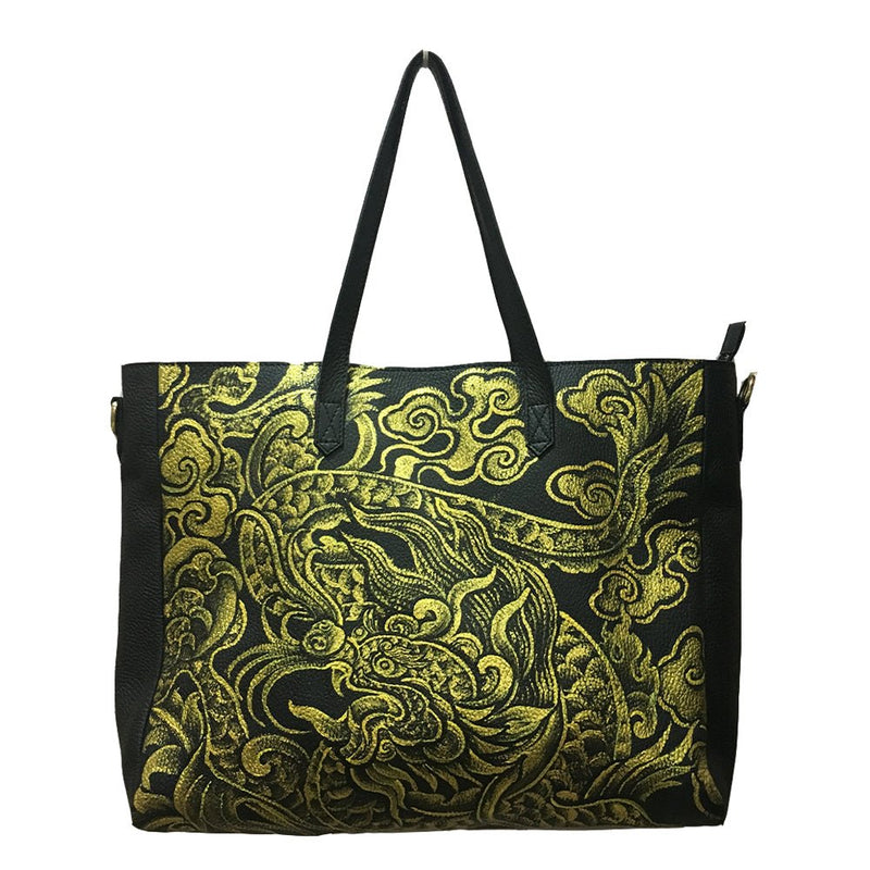 WHERE BE DRAGONS, BLACK LEATHER TOTE BAG-LAPTOP BAG