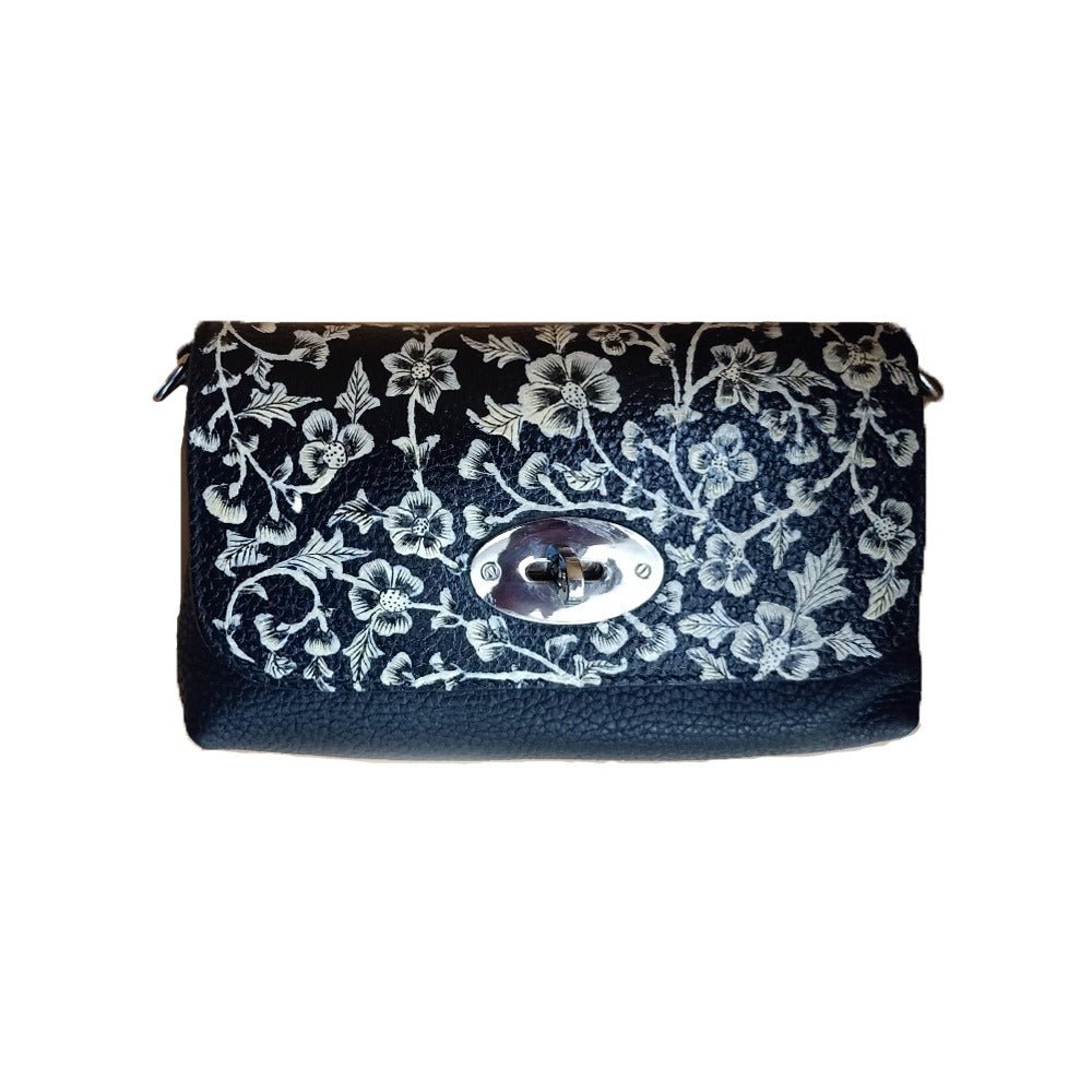 White Flowers, Black Saddle Bag with Art from Kashmir-