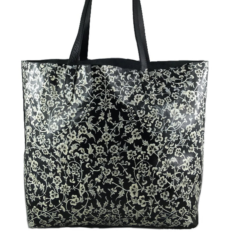 WHITE FLOWERS, BLACK TOTE BAG-Vegan Fabric Laptop Bags/Totes