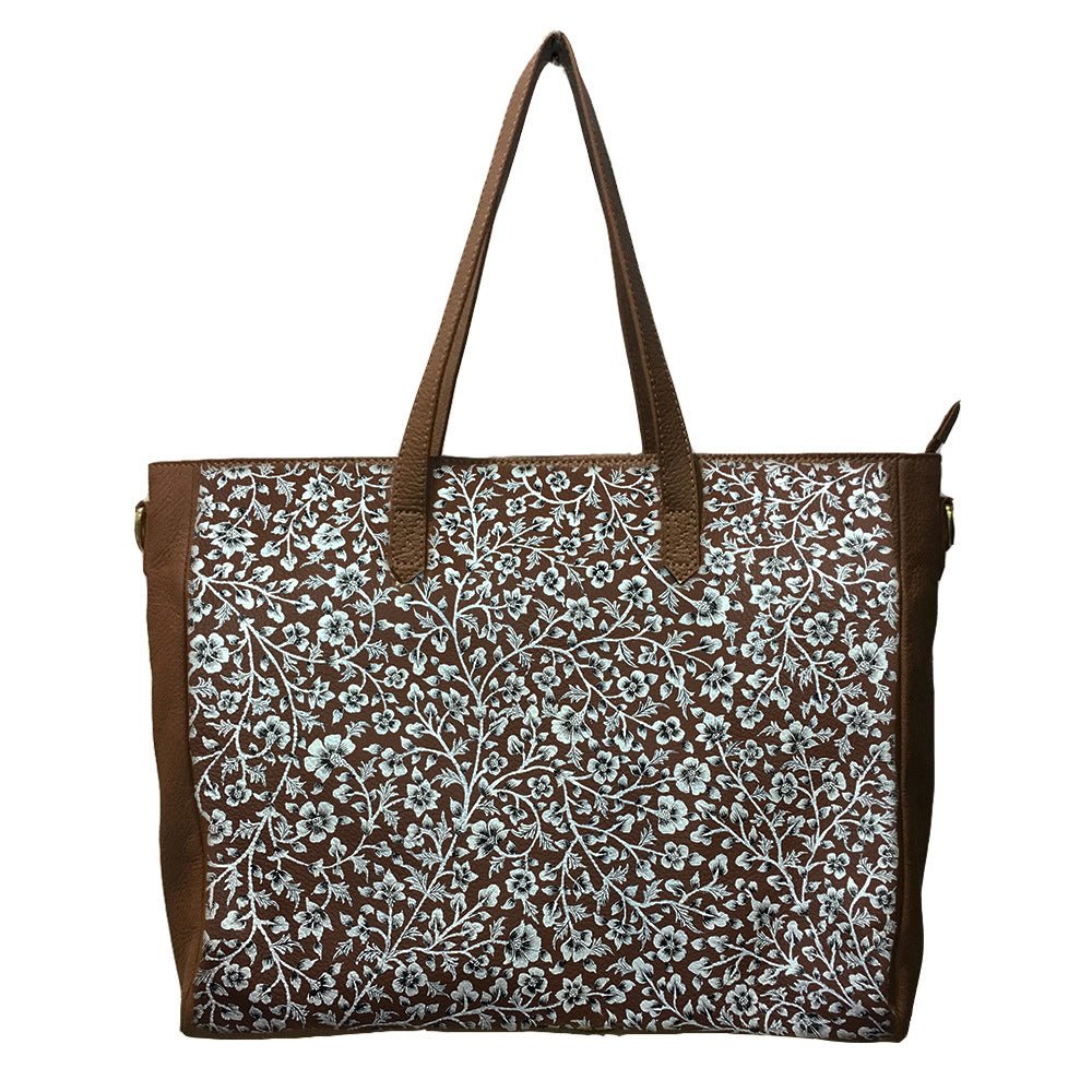 WHITE FLOWERS, TAN LEATHER TOTE BAG-LAPTOP BAG