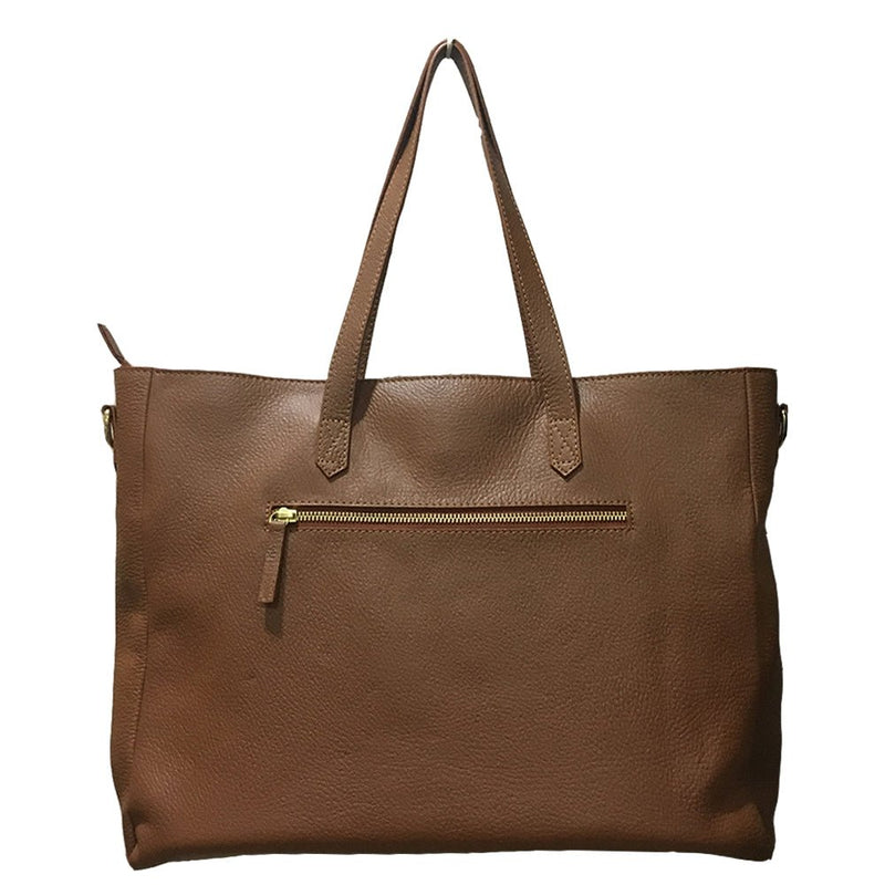 WHITE FLOWERS, TAN LEATHER TOTE BAG-LAPTOP BAG